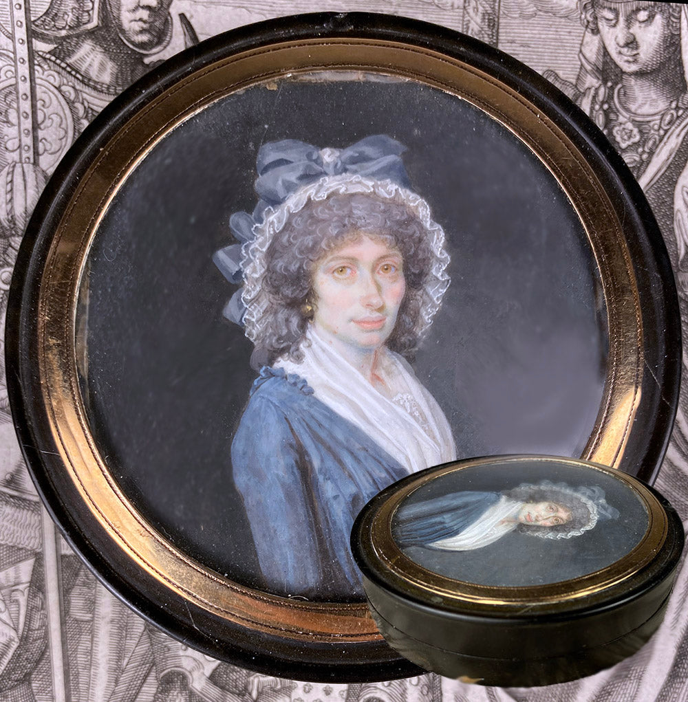 Superb Antique French Portrait Miniature Snuff or Patch Box, Huge Lace Bonnet, Fichu, Tortoise Shell