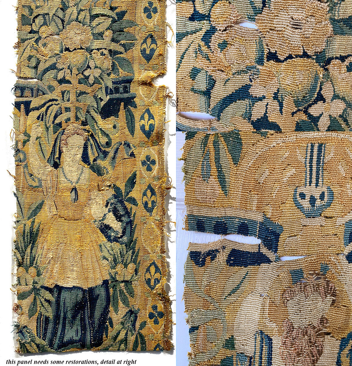 Pair Antique 17th Century French or Flemish Figural 89" x 15" Tapestry Panels for Wall or Pillows