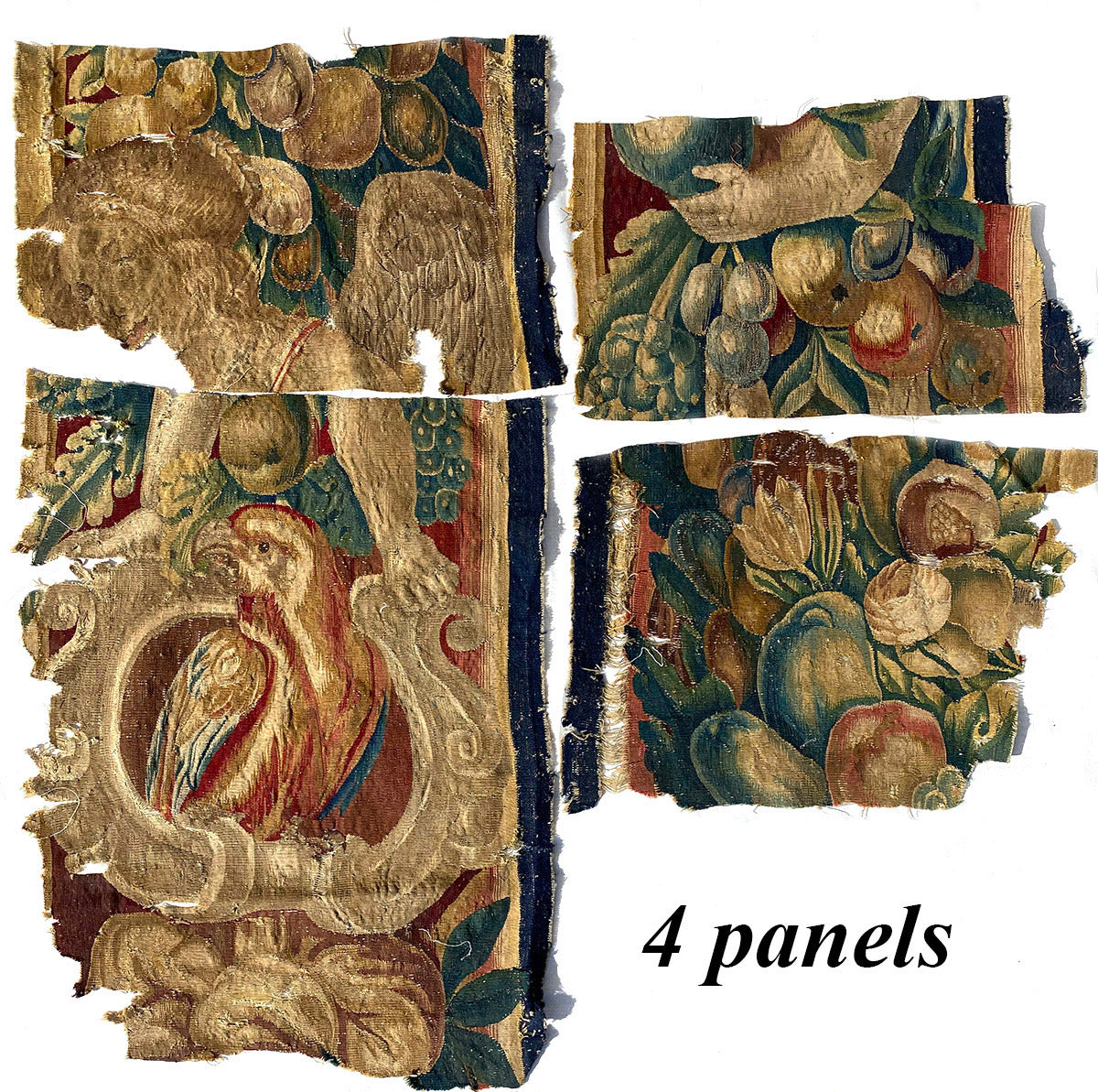 Fine Antique French c.1600s Aubusson Tapestry Panel Set of 4 for Pillow Projects, 17th Century
