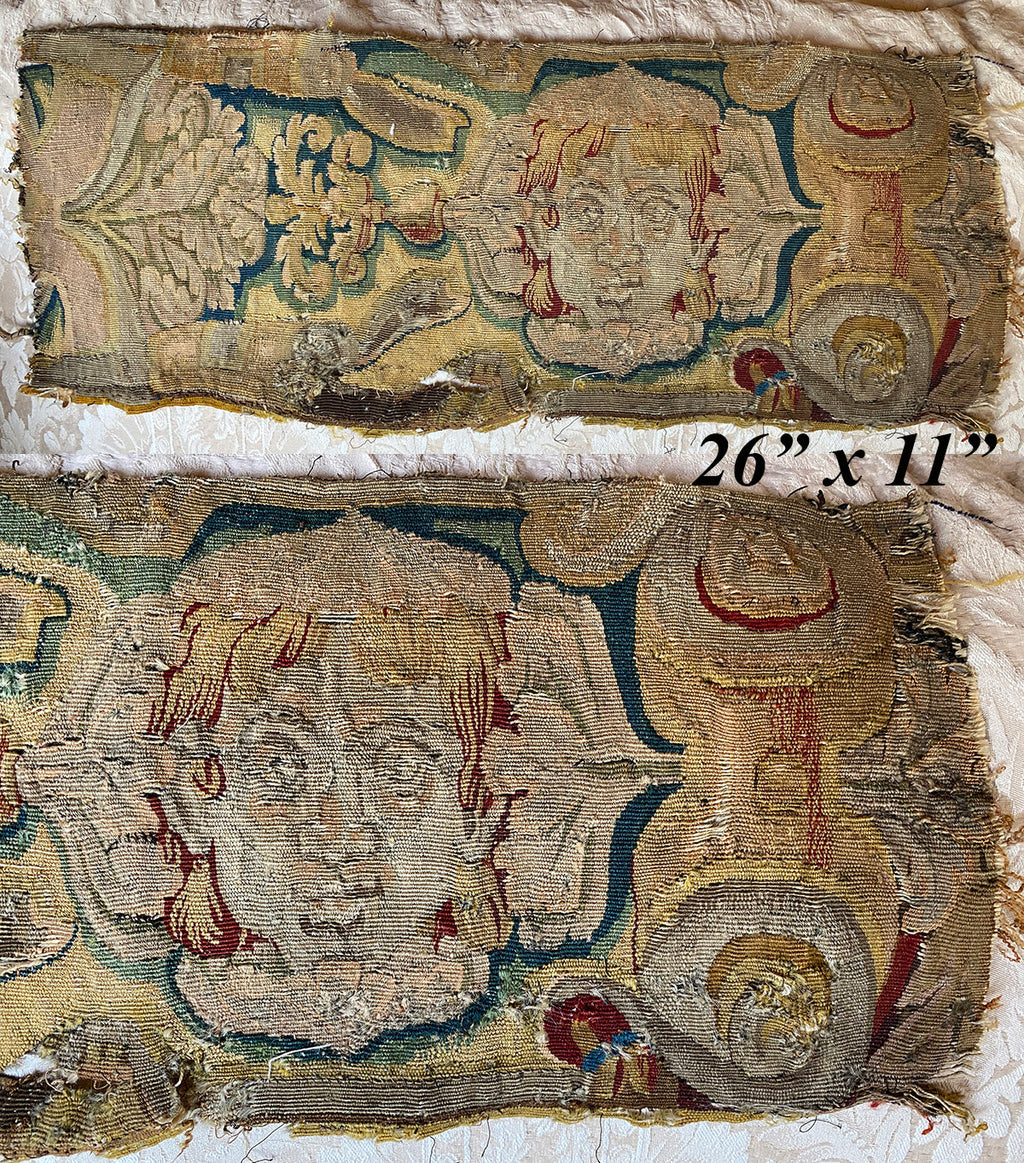 Antique 17th Century 26" x 11" Border Fragment, Figural French Tapestry for Pillow or to Frame