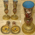 Antique French Limoges Kiln-fired Enamel 7" Vase or Lamp Base PAIR, HP Man & Woman Figures