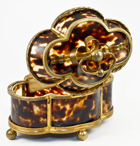 C.1840s Antique French Tortoise Shell Jewelry Casket, 5" x 4" Quatrefoil