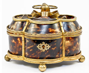 C.1840s Antique French Tortoise Shell Jewelry Casket, 5" x 4" Quatrefoil