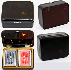 Antique Edwardian Era Tortoise Shell 2-Deck Bridge Cards Caddy, Game Box, Casket, Case - 4.5" x 3.5"