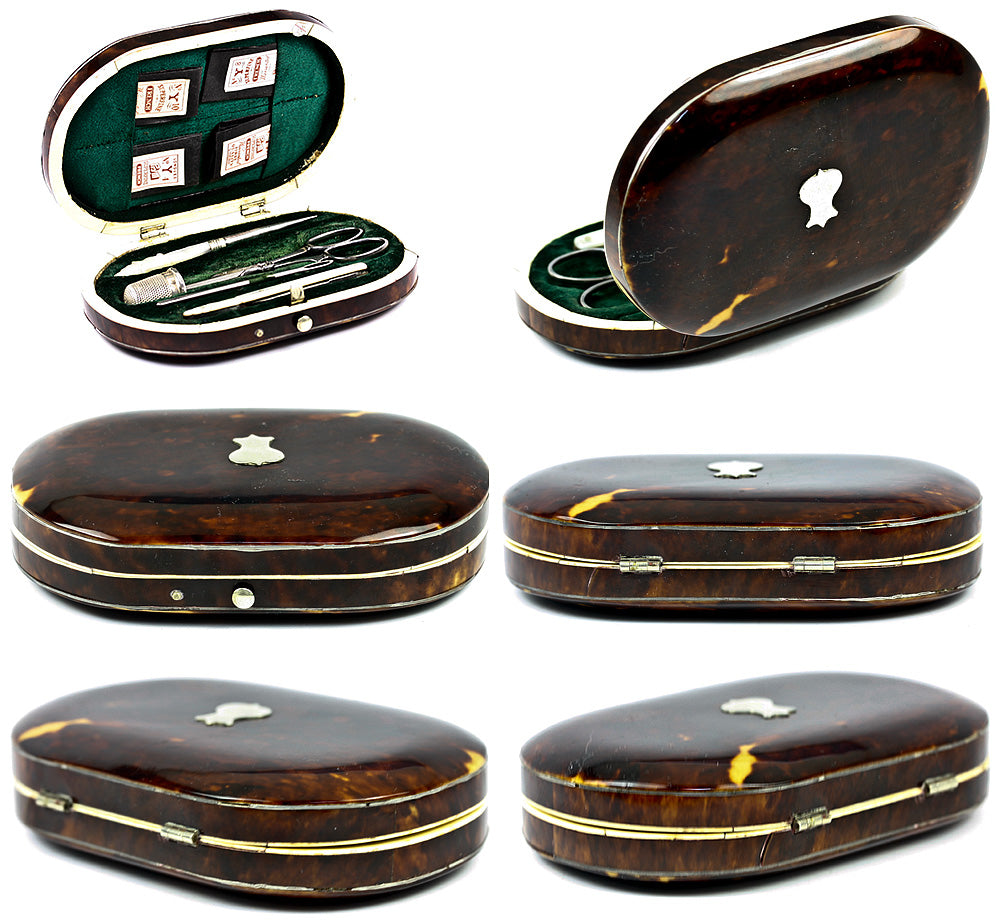 Rare Fine Antique English "Mappin & Webb" Tortoise Shell Sewing Case, Etui, Mother of Pearl Implements