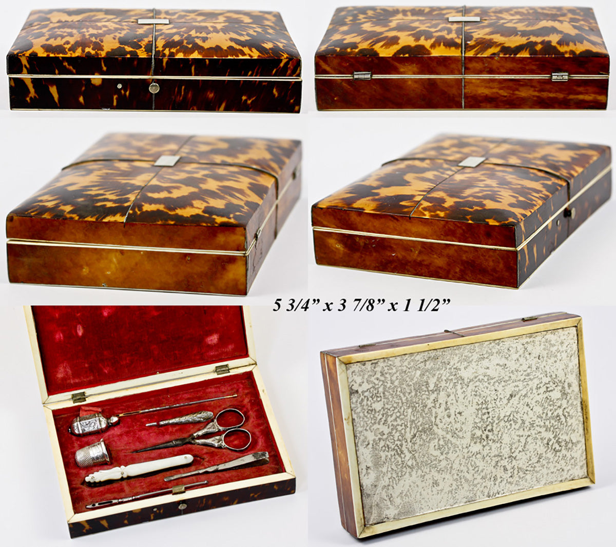 Antique Georgian English Sewing Etui, Superb Tortoise Shell Case with Sterling Silver and MOP Sewing Tools