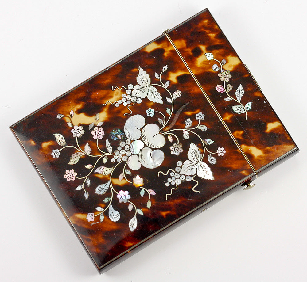 Stunning Victorian Tortoise Shell Card Case with Mother of Pearl Marquetry, Silver Stringing - Tortoiseshell