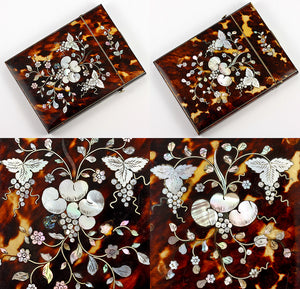 Stunning Victorian Tortoise Shell Card Case with Mother of Pearl Marquetry, Silver Stringing - Tortoiseshell