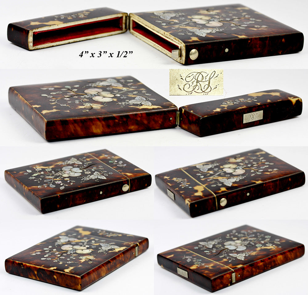 Stunning Victorian Tortoise Shell Card Case with Mother of Pearl Marquetry, Silver Stringing - Tortoiseshell