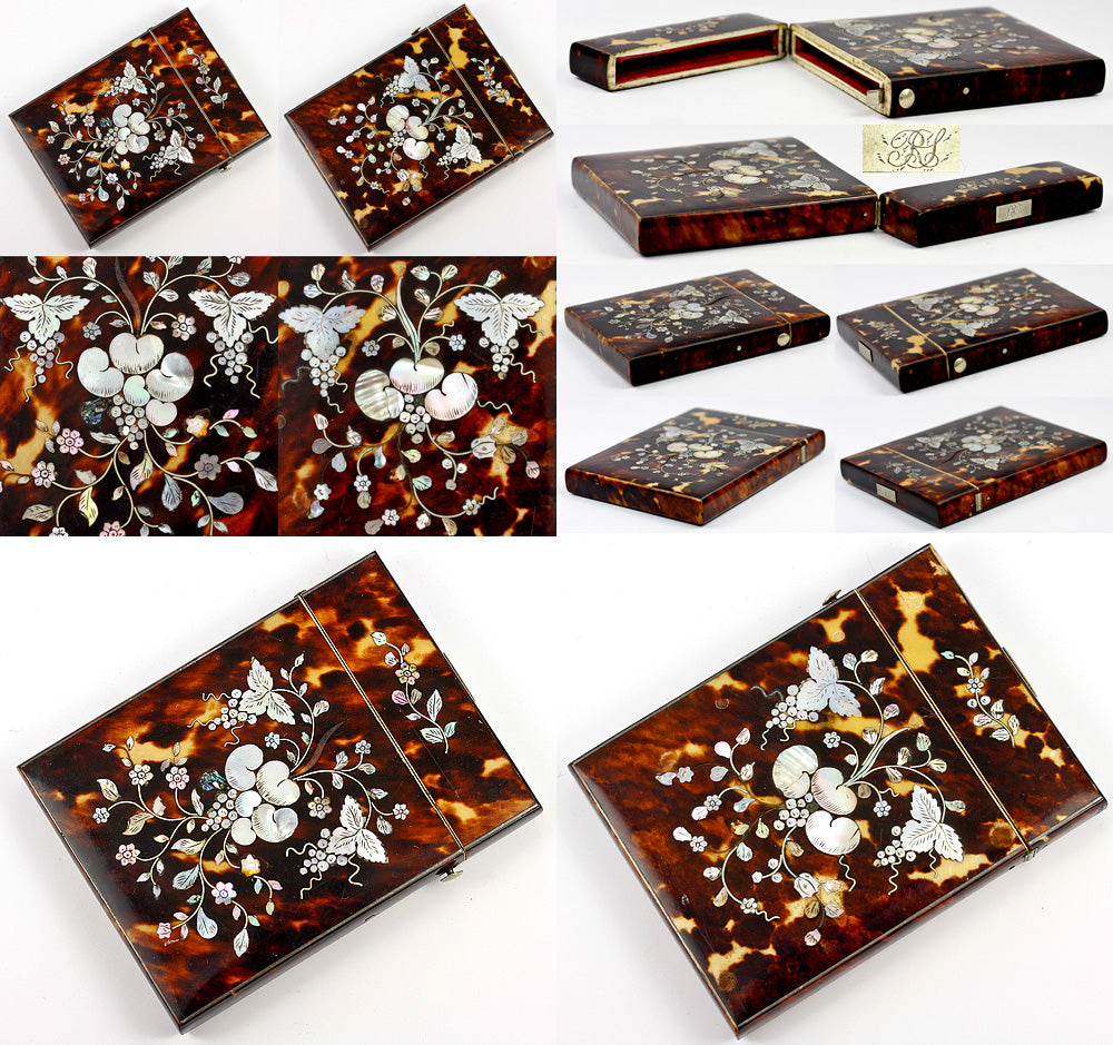 Stunning Victorian Tortoise Shell Card Case with Mother of Pearl Marquetry, Silver Stringing - Tortoiseshell