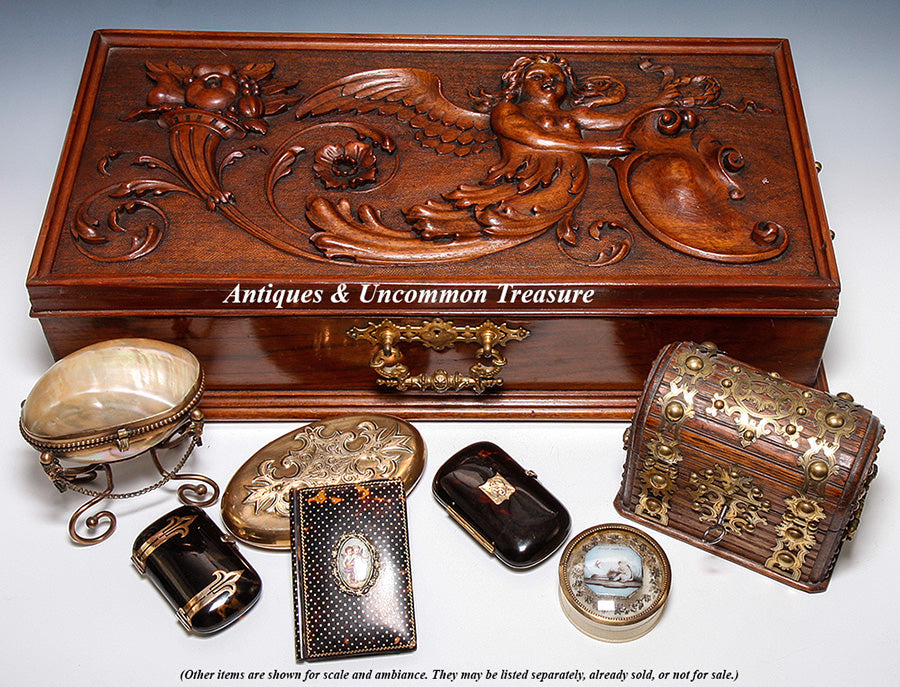 Antique Hand Carved Neo Renaissance c.1700s Chimera Panel Made into c.1800s 19.25" Long Box, Jewelry Casket