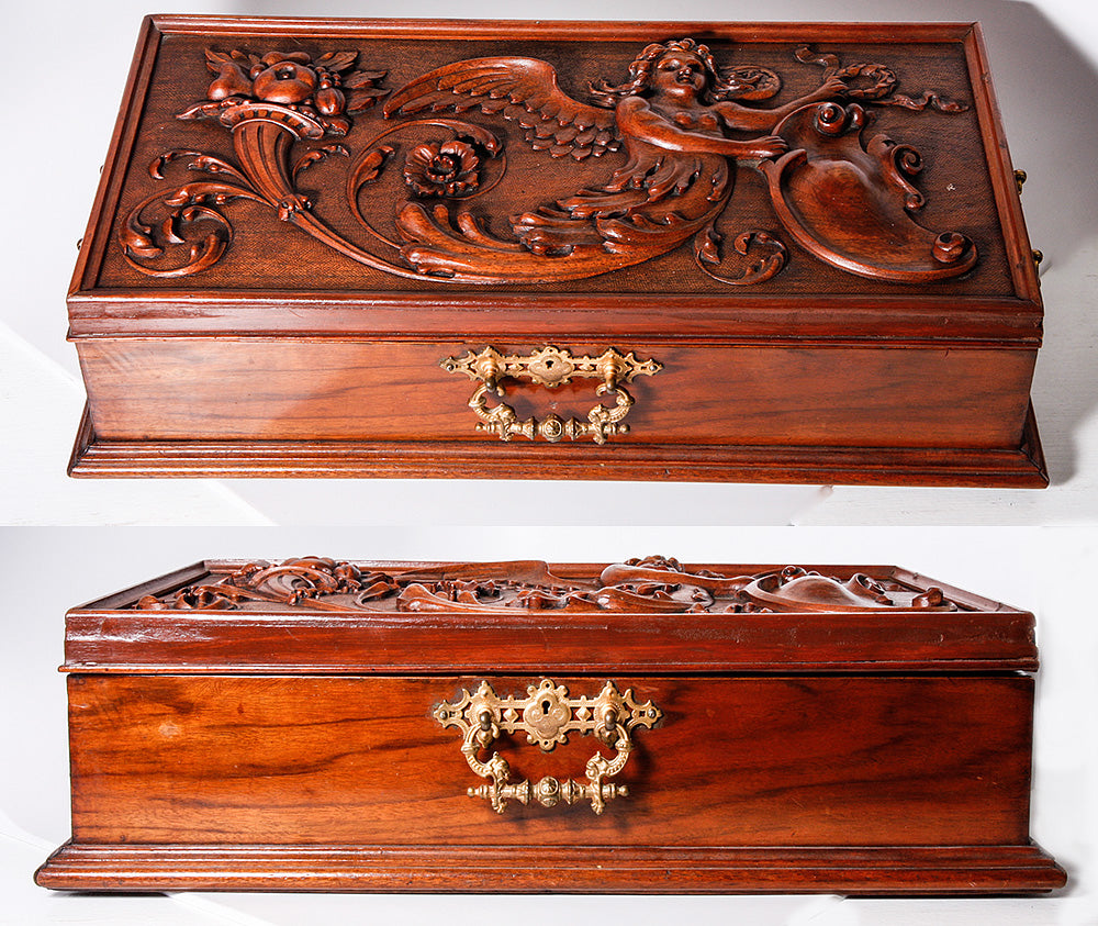 Antique Hand Carved Neo Renaissance c.1700s Chimera Panel Made into c.1800s 19.25" Long Box, Jewelry Casket