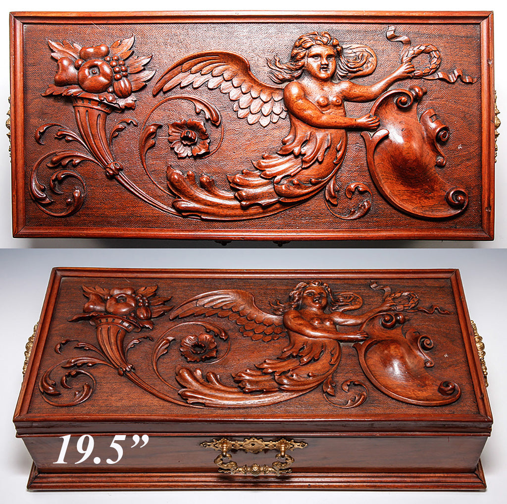 Antique Hand Carved Neo Renaissance c.1700s Chimera Panel Made into c.1800s 19.25" Long Box, Jewelry Casket