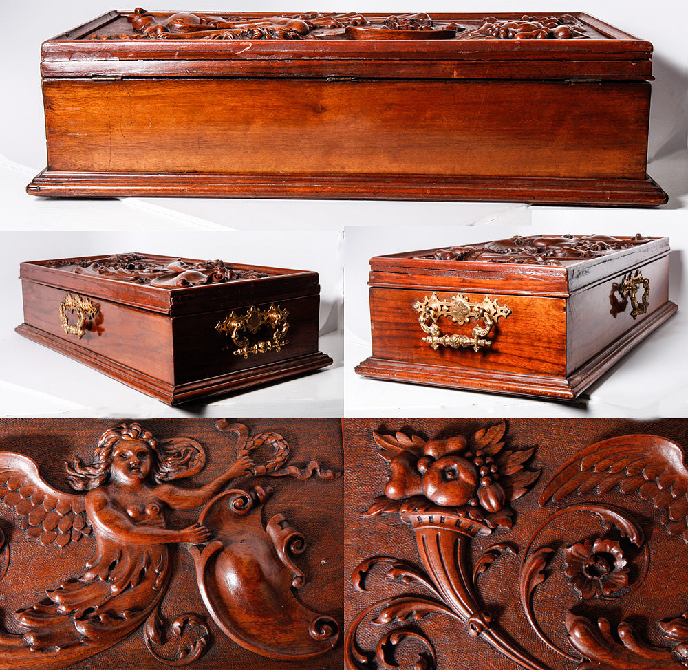 Antique Hand Carved Neo Renaissance c.1700s Chimera Panel Made into c.1800s 19.25" Long Box, Jewelry Casket