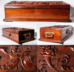 Antique Hand Carved Neo Renaissance c.1700s Chimera Panel Made into c.1800s 19.25" Long Box, Jewelry Casket