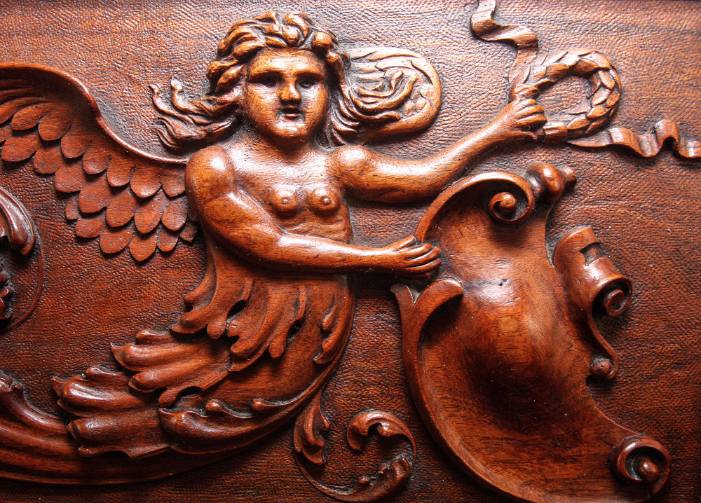 Antique Hand Carved Neo Renaissance c.1700s Chimera Panel Made into c.1800s 19.25" Long Box, Jewelry Casket