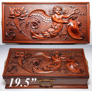 Antique Hand Carved Neo Renaissance c.1700s Chimera Panel Made into c.1800s 19.25" Long Box, Jewelry Casket