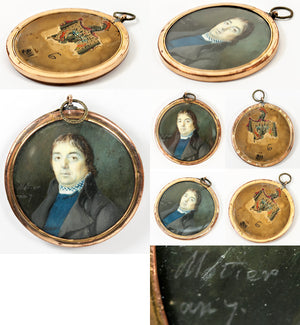 Antique French Portrait Miniature in 18k Gold Locket Frame, Signed by Artist, Motier