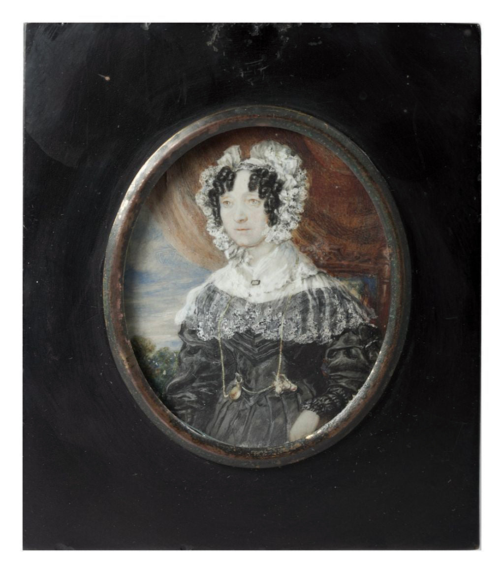 Fine Antique French c.1830s Portrait Miniature, Woman in Lace, Posed like Mona Lisa