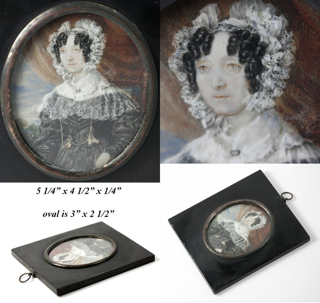 Fine Antique French c.1830s Portrait Miniature, Woman in Lace, Posed like Mona Lisa