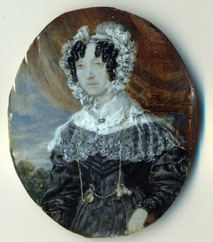 Fine Antique French c.1830s Portrait Miniature, Woman in Lace, Posed like Mona Lisa