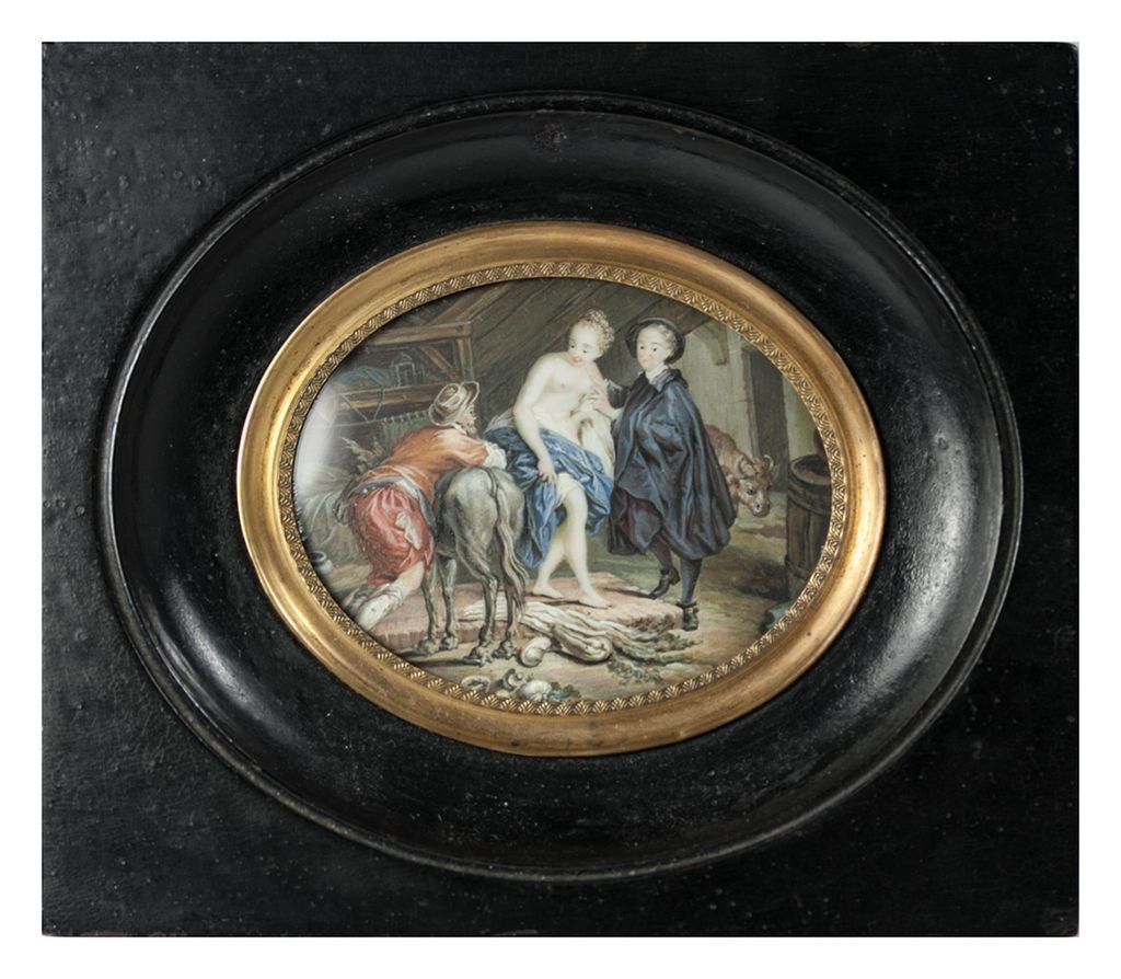 RARE Fine Antique French Miniature Painting, "Naughty" Portrait of Loss of Virtue, 3 Figures