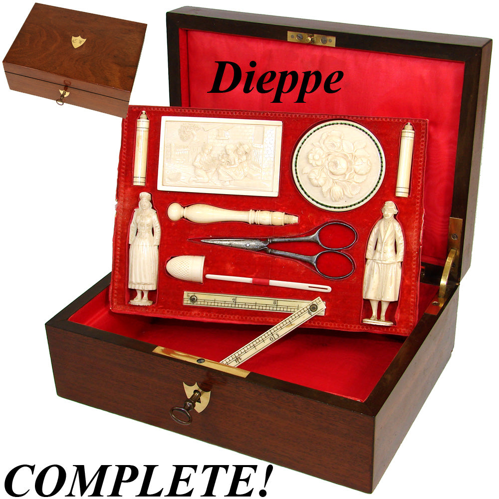 RAREST French c.1750-1840 Dieppe Carved Sewing Box, Figural Needle Cases, Neccesaire, Thimble, Etc., Complete!
