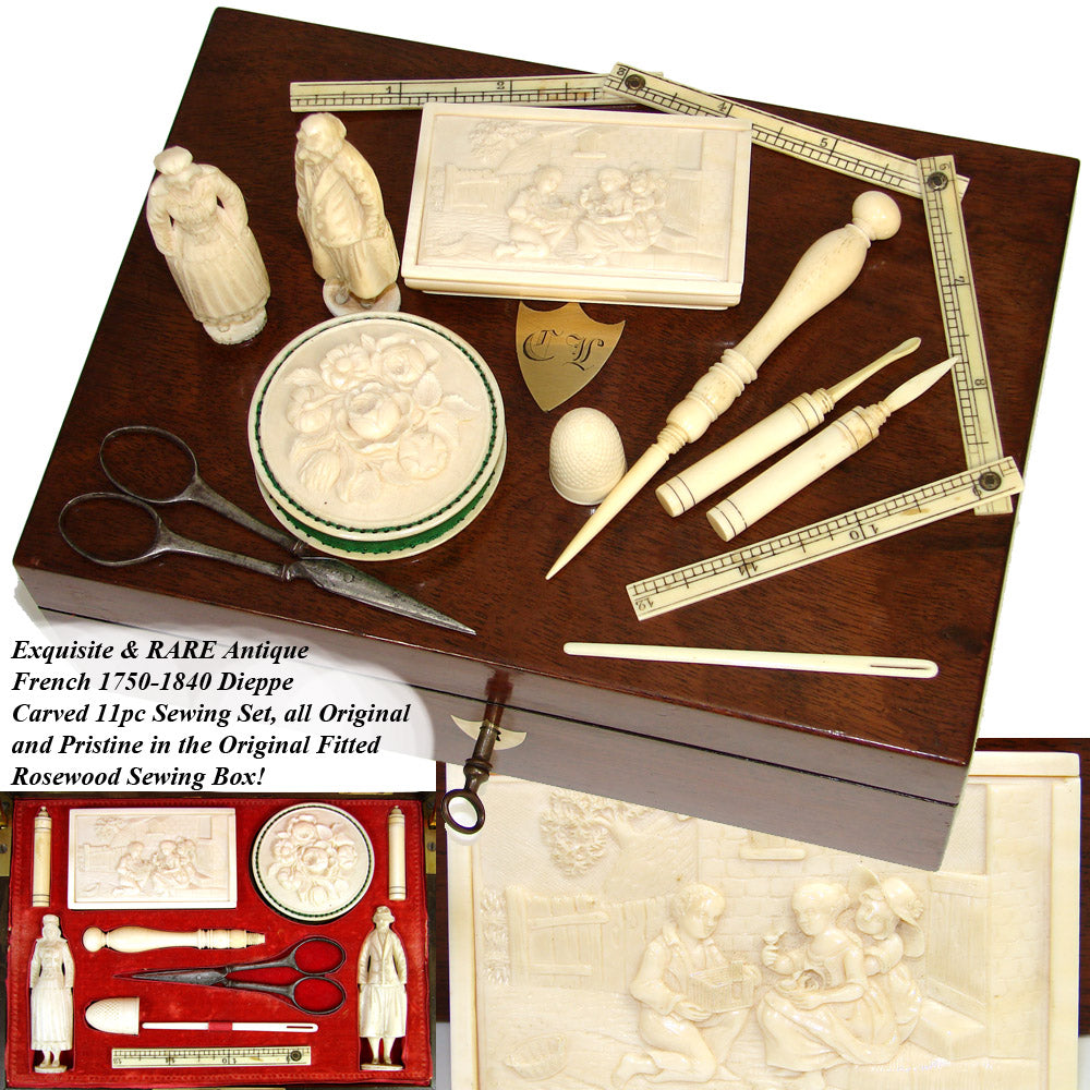 RAREST French c.1750-1840 Dieppe Carved Sewing Box, Figural Needle Cases, Neccesaire, Thimble, Etc., Complete!