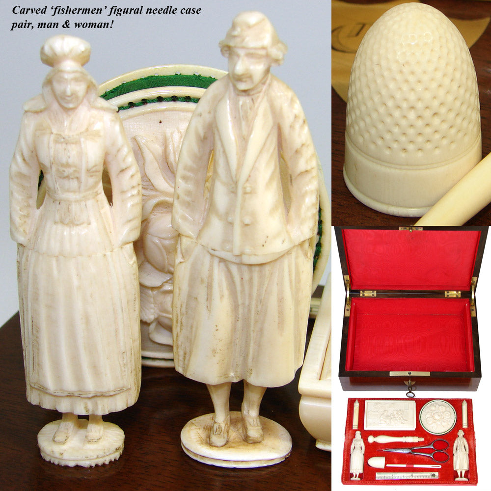 RAREST French c.1750-1840 Dieppe Carved Sewing Box, Figural Needle Cases, Neccesaire, Thimble, Etc., Complete!