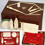 RAREST French c.1750-1840 Dieppe Carved Sewing Box, Figural Needle Cases, Neccesaire, Thimble, Etc., Complete!