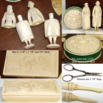 RAREST French c.1750-1840 Dieppe Carved Sewing Box, Figural Needle Cases, Neccesaire, Thimble, Etc., Complete!