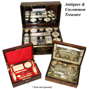 RAREST French c.1750-1840 Dieppe Carved Sewing Box, Figural Needle Cases, Neccesaire, Thimble, Etc., Complete!