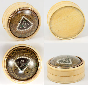 Antique c.1770s French Bonboniere, Patch or Snuff Box, Seed Pearls, Gold Wire, Ivory