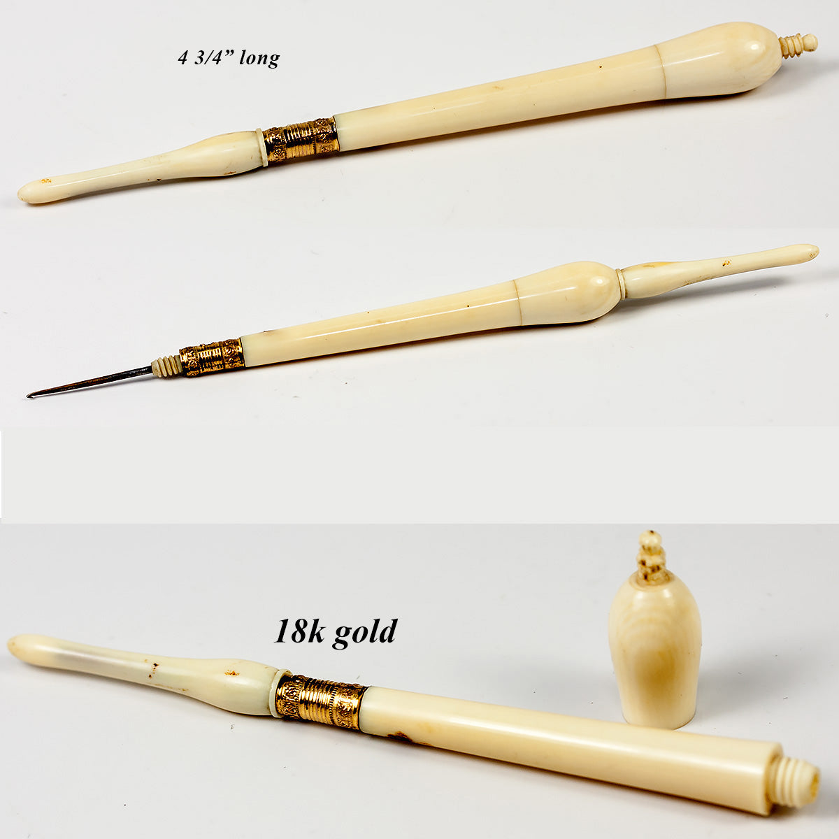 Antique Palais Royal Crochet Hook, Tambour, Ivory and 18k Gold Fitting, Self-encasing Case, Handle