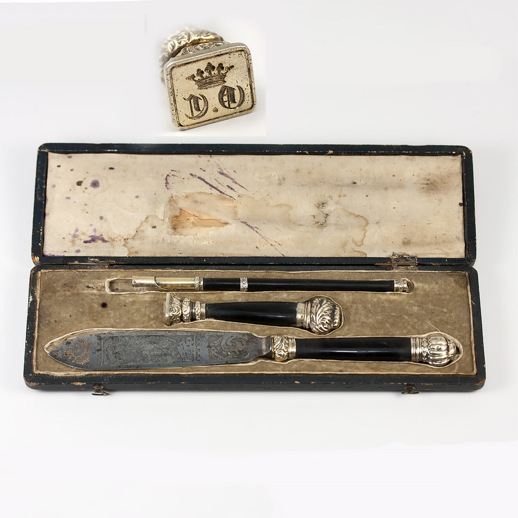 Antique c.1830s French Writer's Set in Etui, Pen, Wax Seal w Crown Monogram, Letter Opener