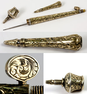 Antique c.1820-40 French Tambour or Crochet Hook, Engraved Sterling Silver, 18k Gold Vermeil
