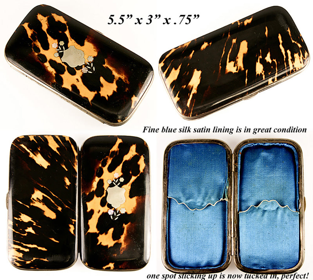 Fine Quality Antique French Faux Tortoise Shell Cigar or Spectacles Case, Silk Interior