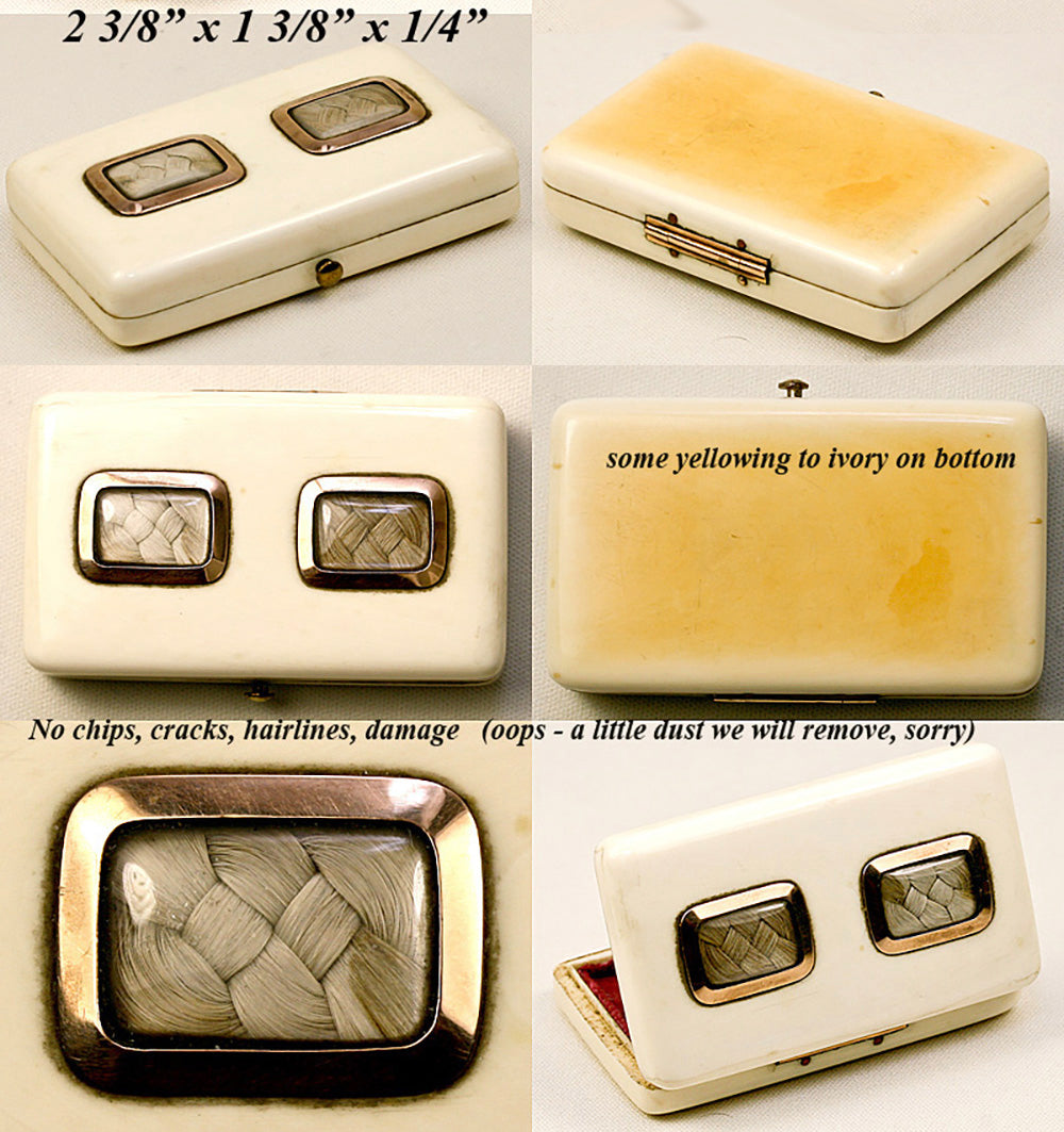 Antique Dual Hair Memento Ivory Patch Box, 18K Gold Mounts - RARE and wonderful!
