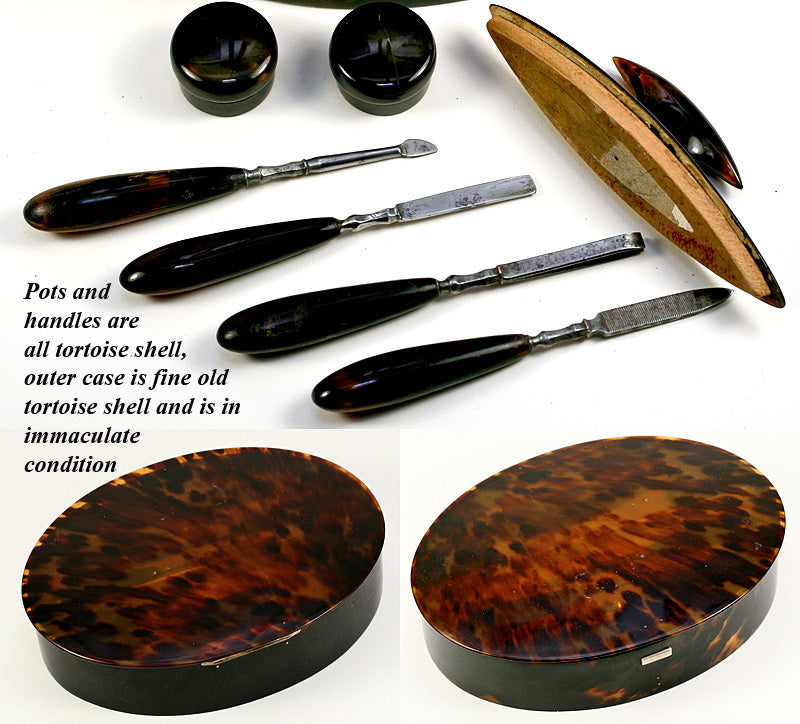 Antique Edwardian English Manicure Set & Casket of Tortoise Shell & Sterling Silver, Hallmarks - Tortoiseshell