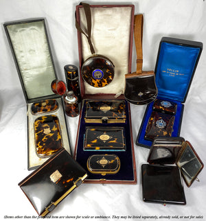 Superb Antique 18k Gold Inlay 3-pc Tortoise Shell Boxed Set, Prayer Book, Aide d'Memoire and Coin Purse, 18k Gold pique EC
