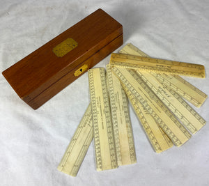 Rare Antique Victorian Era Box Set of 8 Ivory Drafting Rulers, Signature English Maker