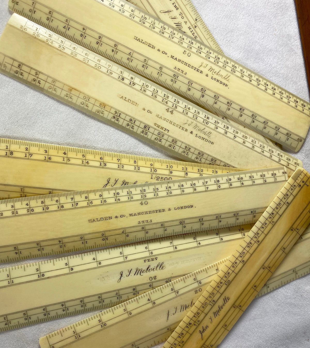 Rare Antique Victorian Era Box Set of 8 Ivory Drafting Rulers, Signature English Maker