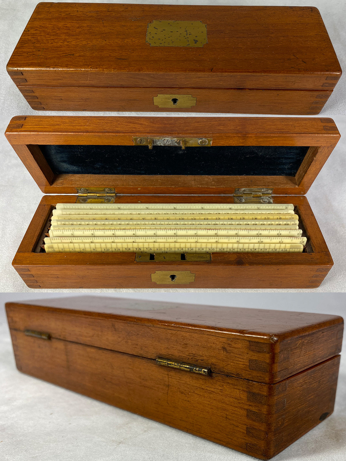 Rare Antique Victorian Era Box Set of 8 Ivory Drafting Rulers, Signature English Maker