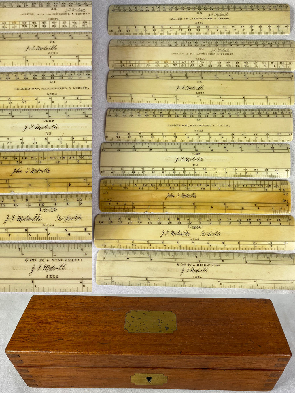 Rare Antique Victorian Era Box Set of 8 Ivory Drafting Rulers, Signature English Maker