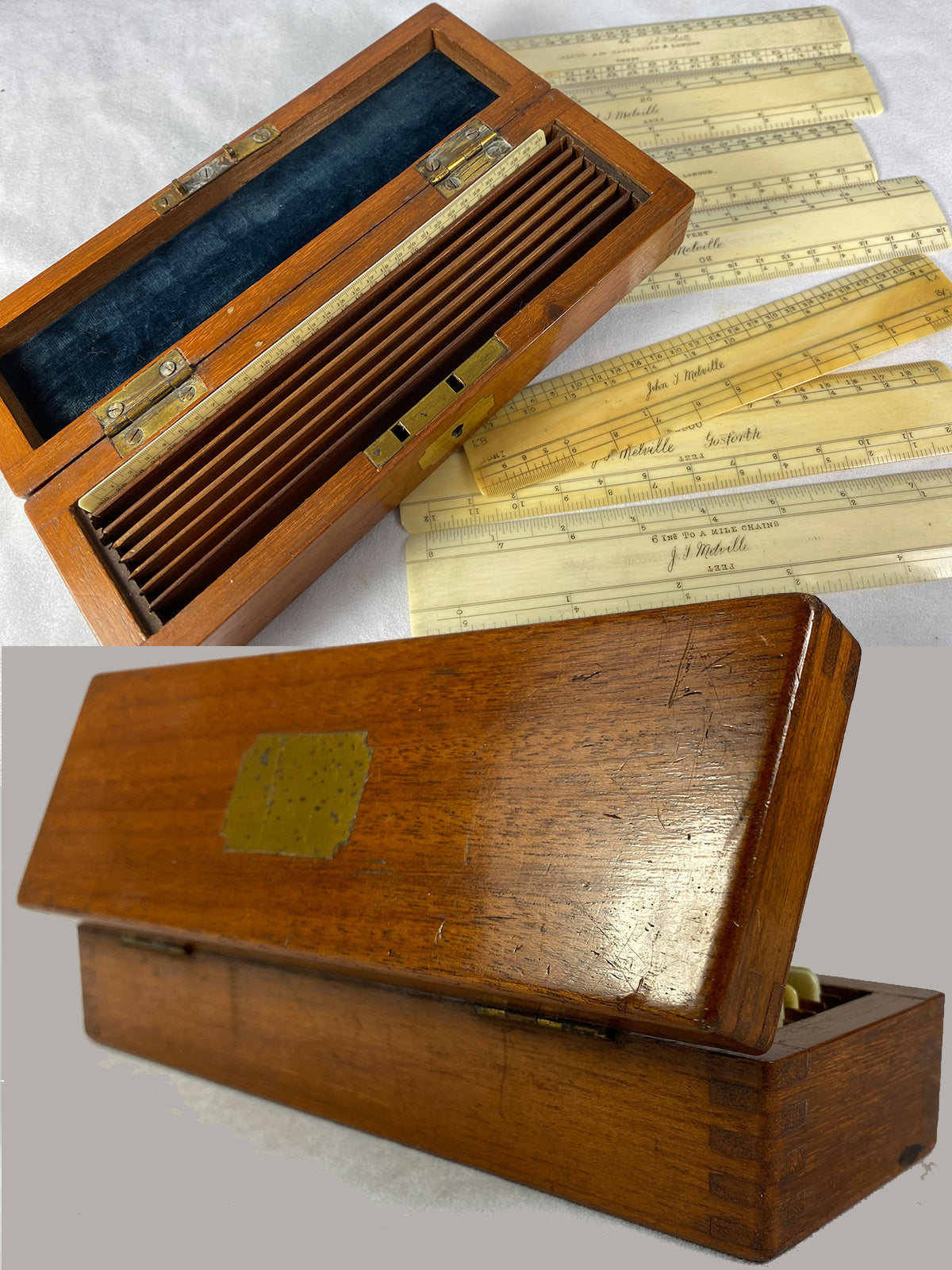 Rare Antique Victorian Era Box Set of 8 Ivory Drafting Rulers, Signature English Maker