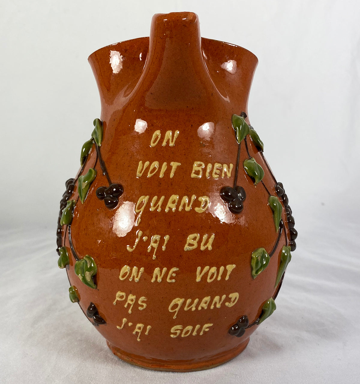 Antique French Savoie Pottery  "Pichet Parlant" Talking Pitcher, Cafe or Wine in Galzed Pottery