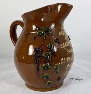 Antique French Savoie Pottery "Pichet Parlant" Talking Pitcher, Cafe or Wine in Galzed Pottery