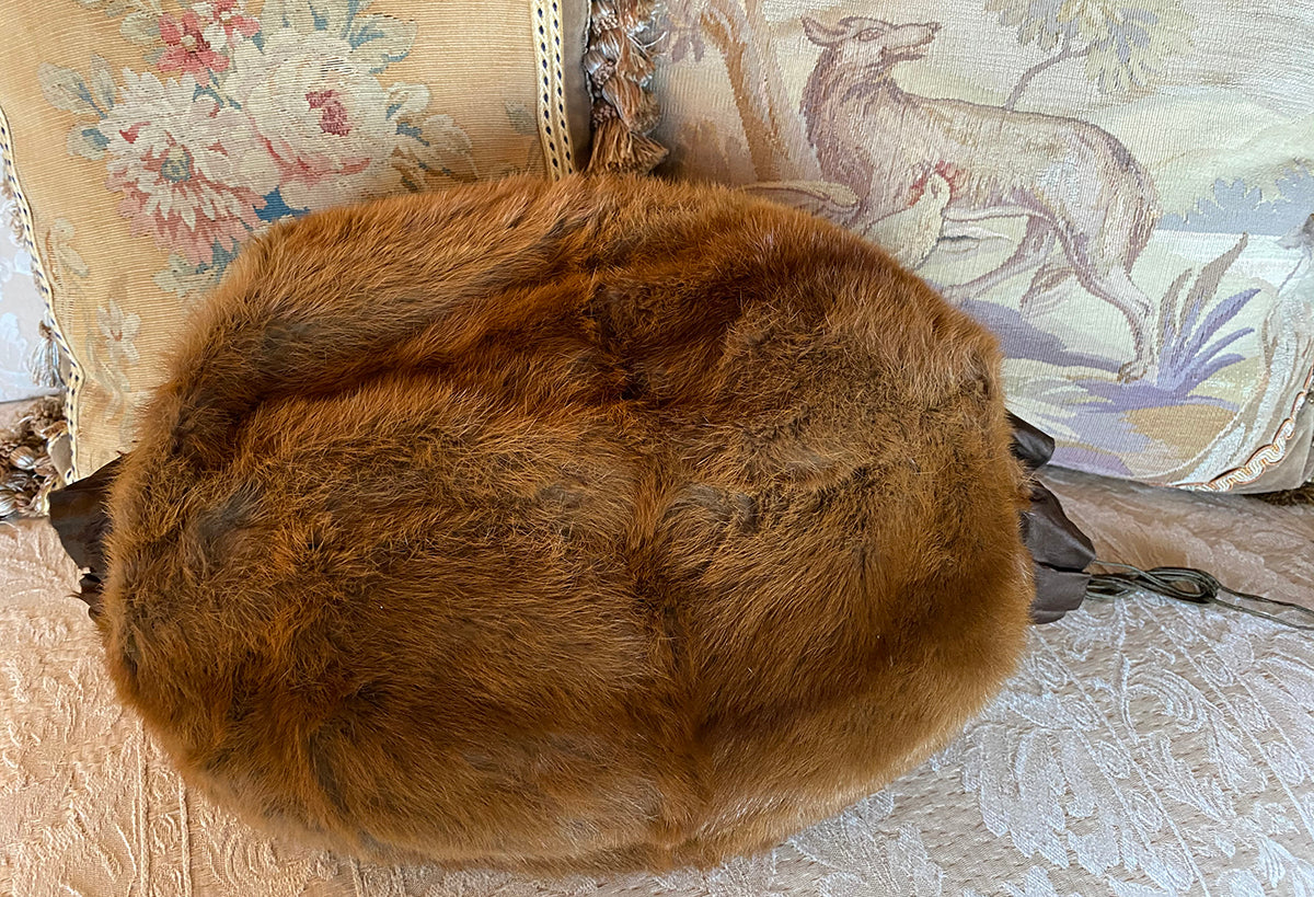 Antique Edwardian Era Lady's Fur Muff, Purse, Muskrat, Silk Lined and Padded to Use as a Throw Pillow