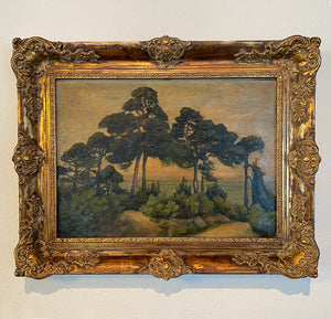 Antique French Oil Painting, Landscape in Elaborate Carved Gilt Wood Frame, 24.5" x 19"