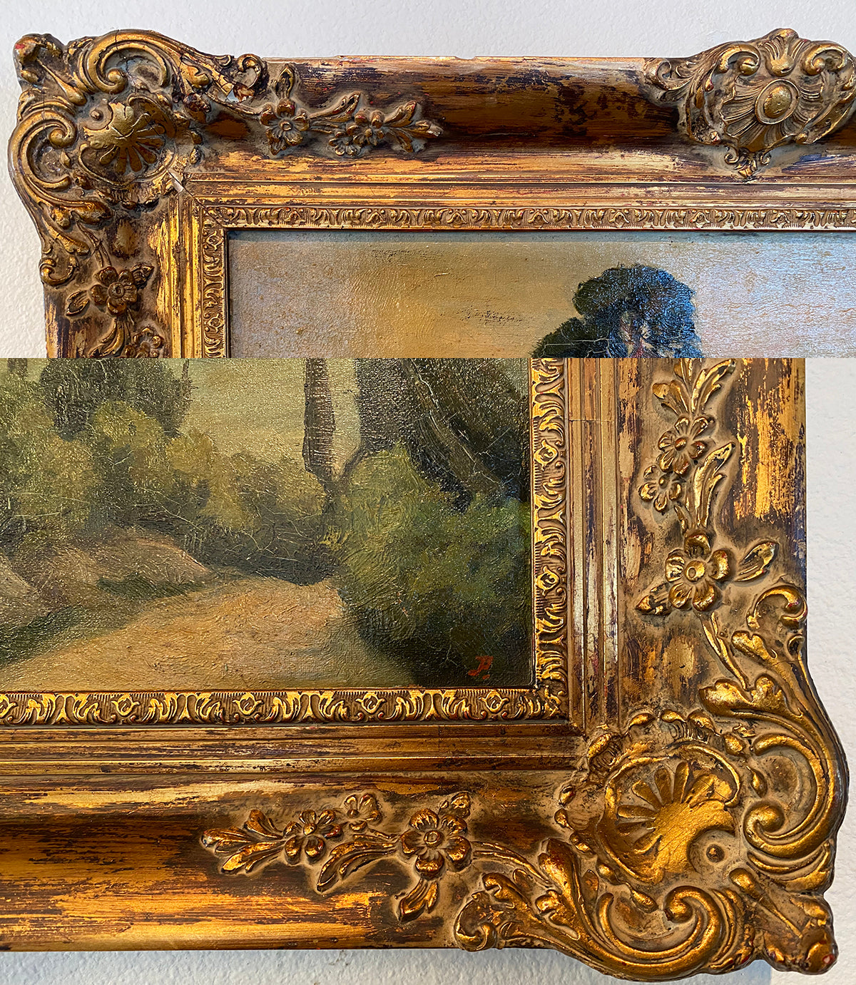 Antique French Oil Painting, Landscape in Elaborate Carved Gilt Wood Frame, 24.5" x 19"